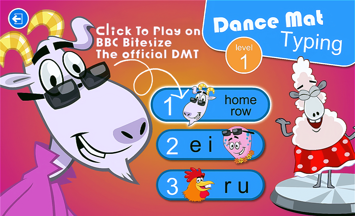 Dance Mat Typing Level 1 stage menu on BBC Bitesize — Stage 1, HOME ROW
