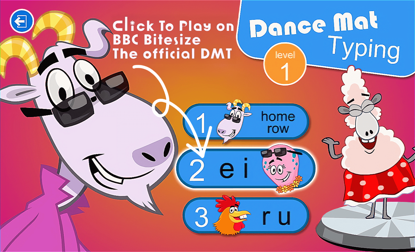 Dance Mat Typing Level 1 stage menu on BBC Bitesize — Stage 2, EI