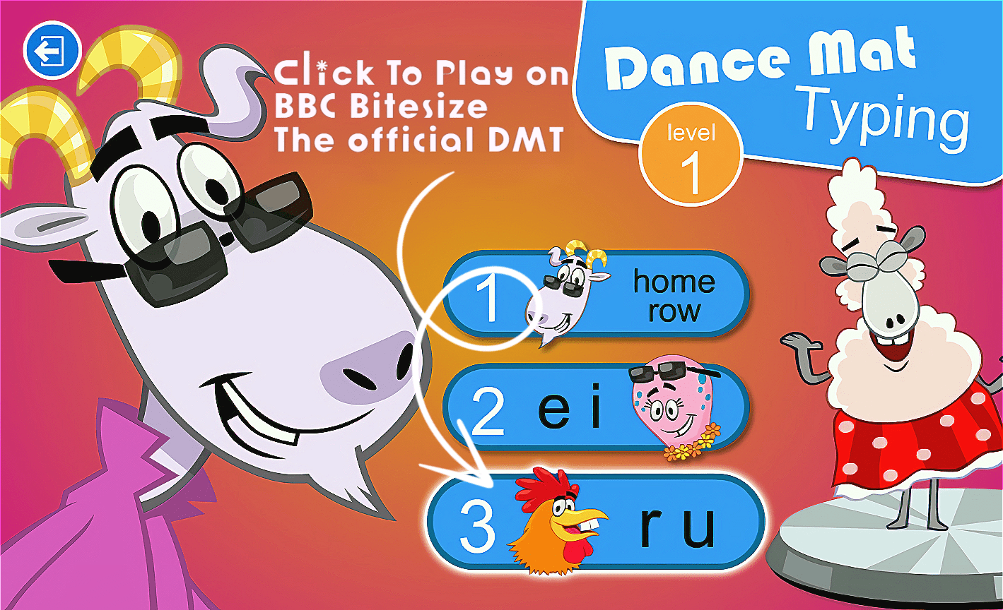 Dance Mat Typing Level 1 stage menu on BBC Bitesize — Stage 3, RU