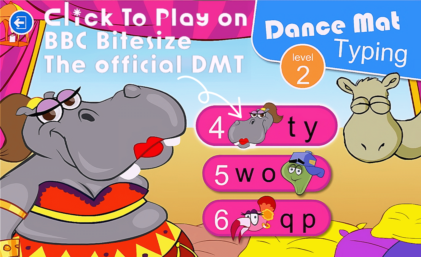 Dance Mat Typing Level 2 stage menu on BBC Bitesize — Stage 4, TY