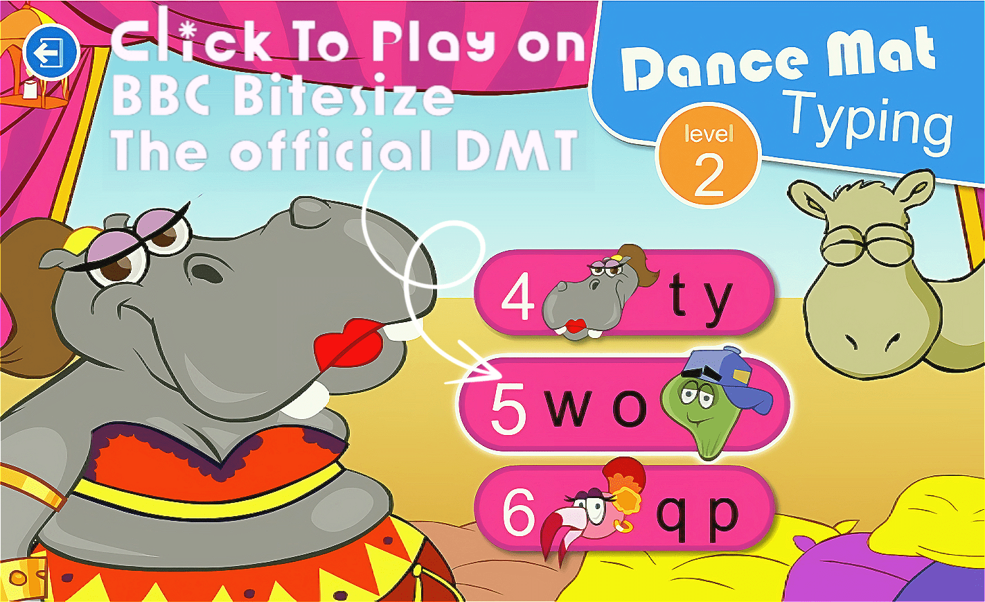 Dance Mat Typing Level 2 stage menu on BBC Bitesize — Stage 5, WO