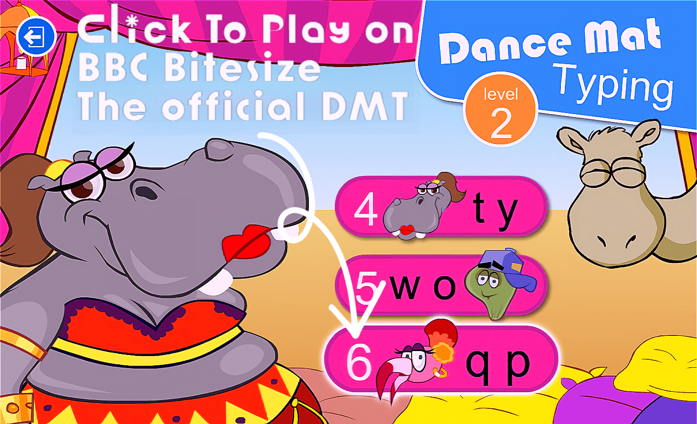 Dance Mat Typing Level 2 stage menu on BBC Bitesize — Stage 6, QP