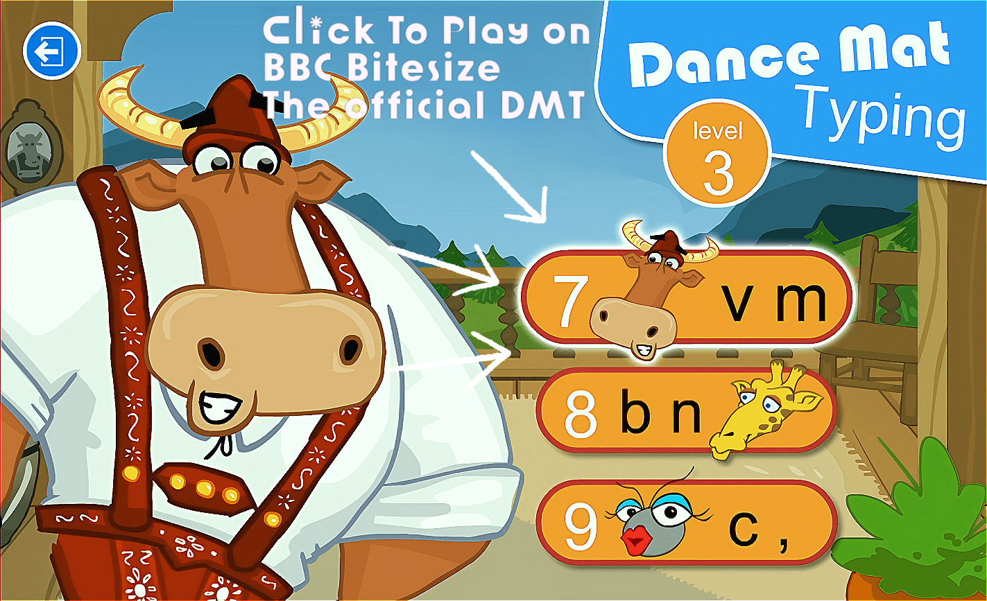 Dance Mat Typing Level 3 stage menu on BBC Bitesize — Stage 7, VM
