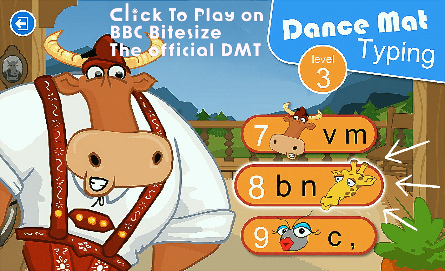Dance Mat Typing Level 3 stage menu on BBC Bitesize — Stage 8, BN