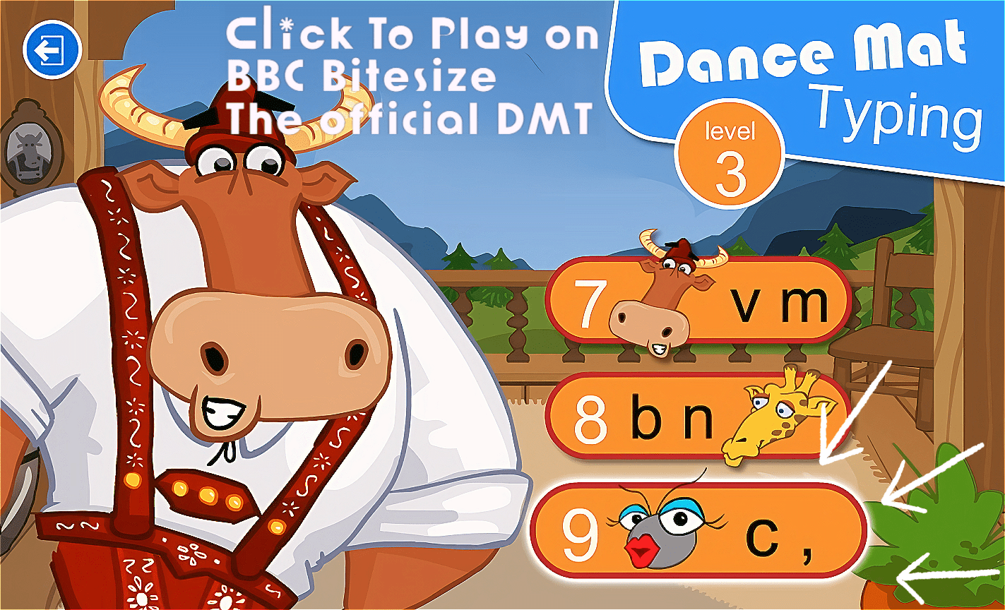 Dance Mat Typing Level 3 stage menu on BBC Bitesize — Stage 9, C,