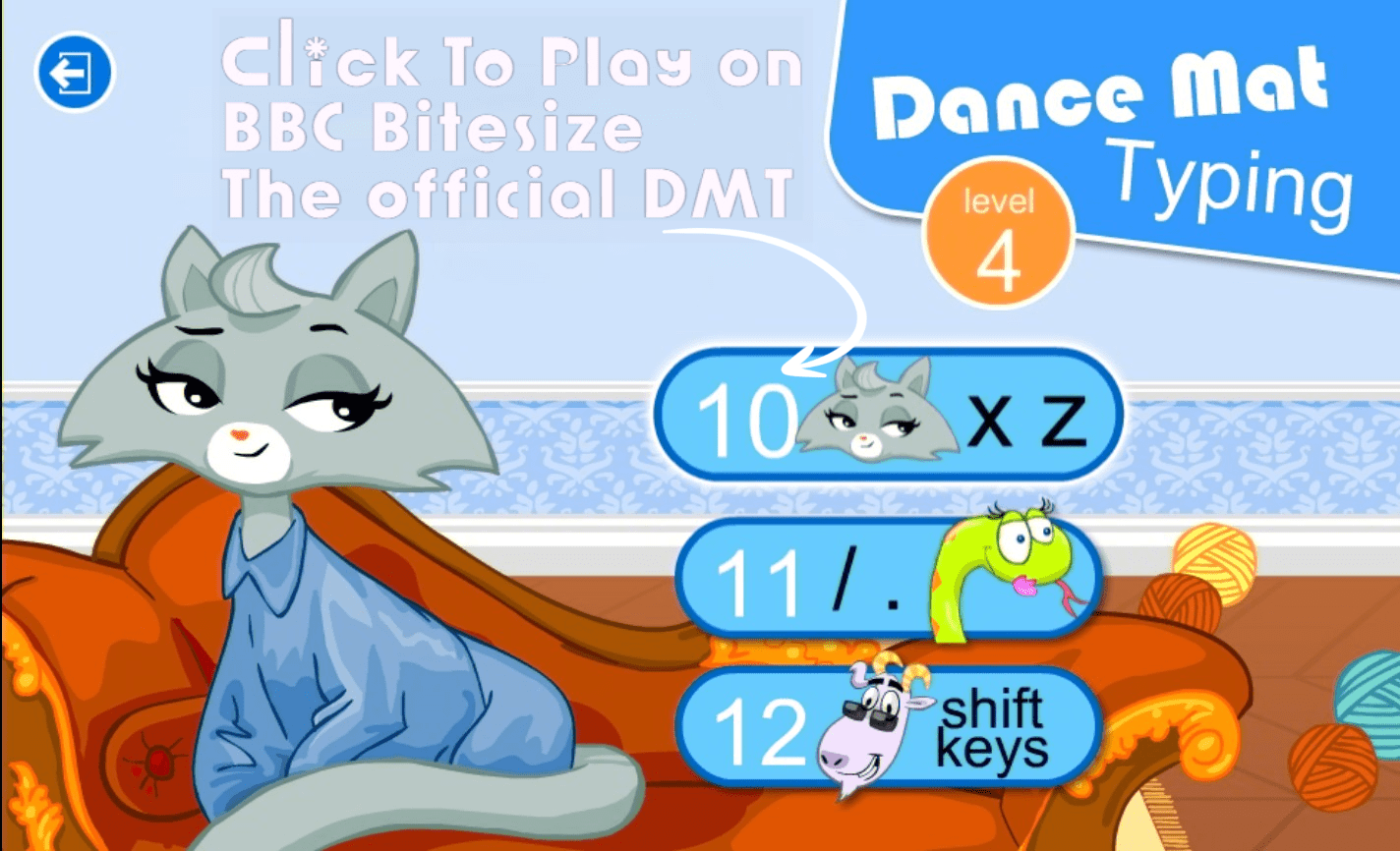 Dance Mat Typing Level 4 stage menu on BBC Bitesize — Stage 10, XZ