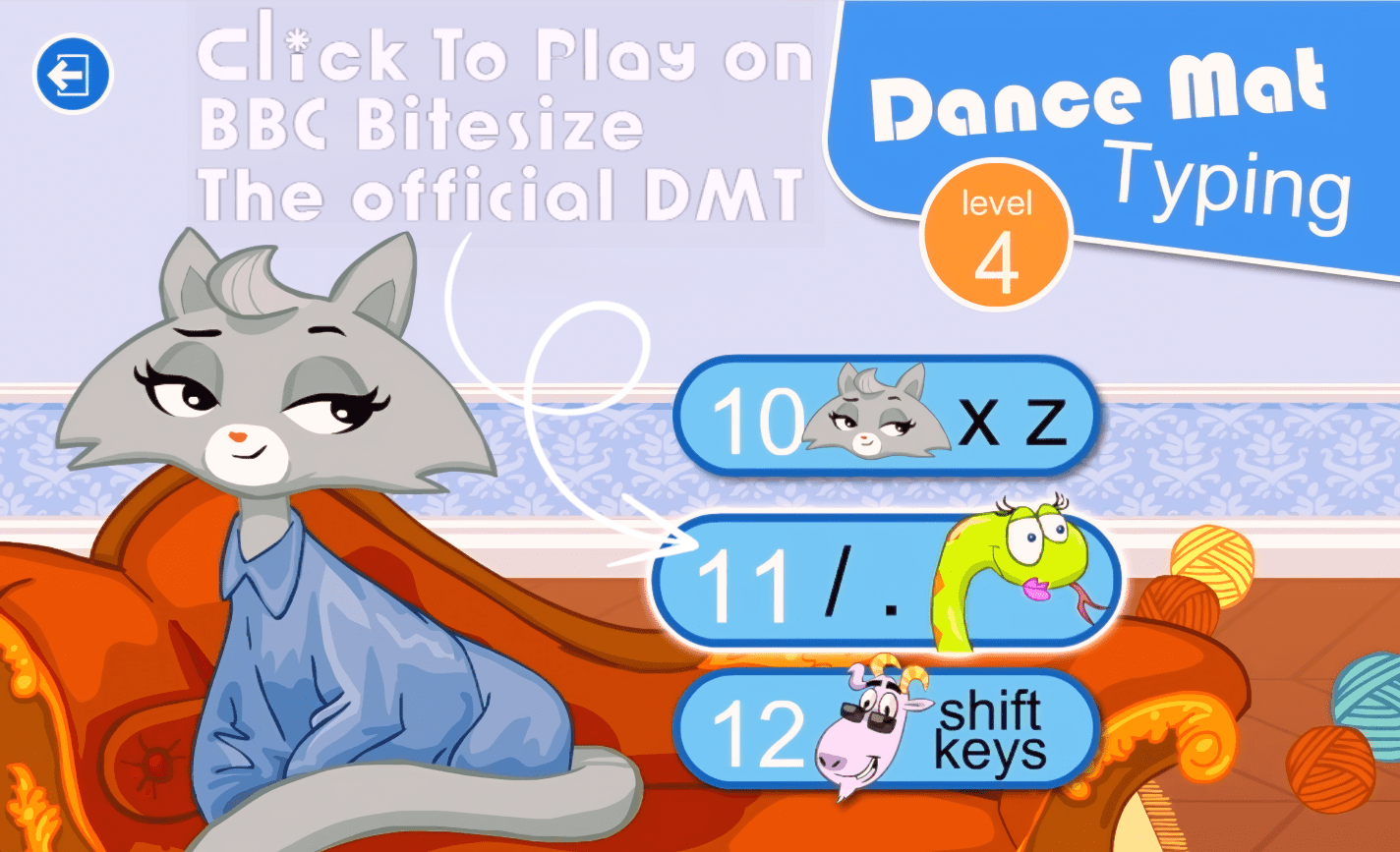 Dance Mat Typing Level 4 stage menu on BBC Bitesize — Stage 11, /.