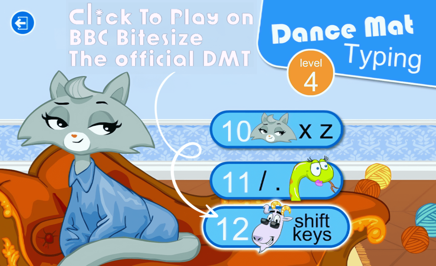 Dance Mat Typing Level 4 stage menu on BBC Bitesize — Stage 12, Shift keys